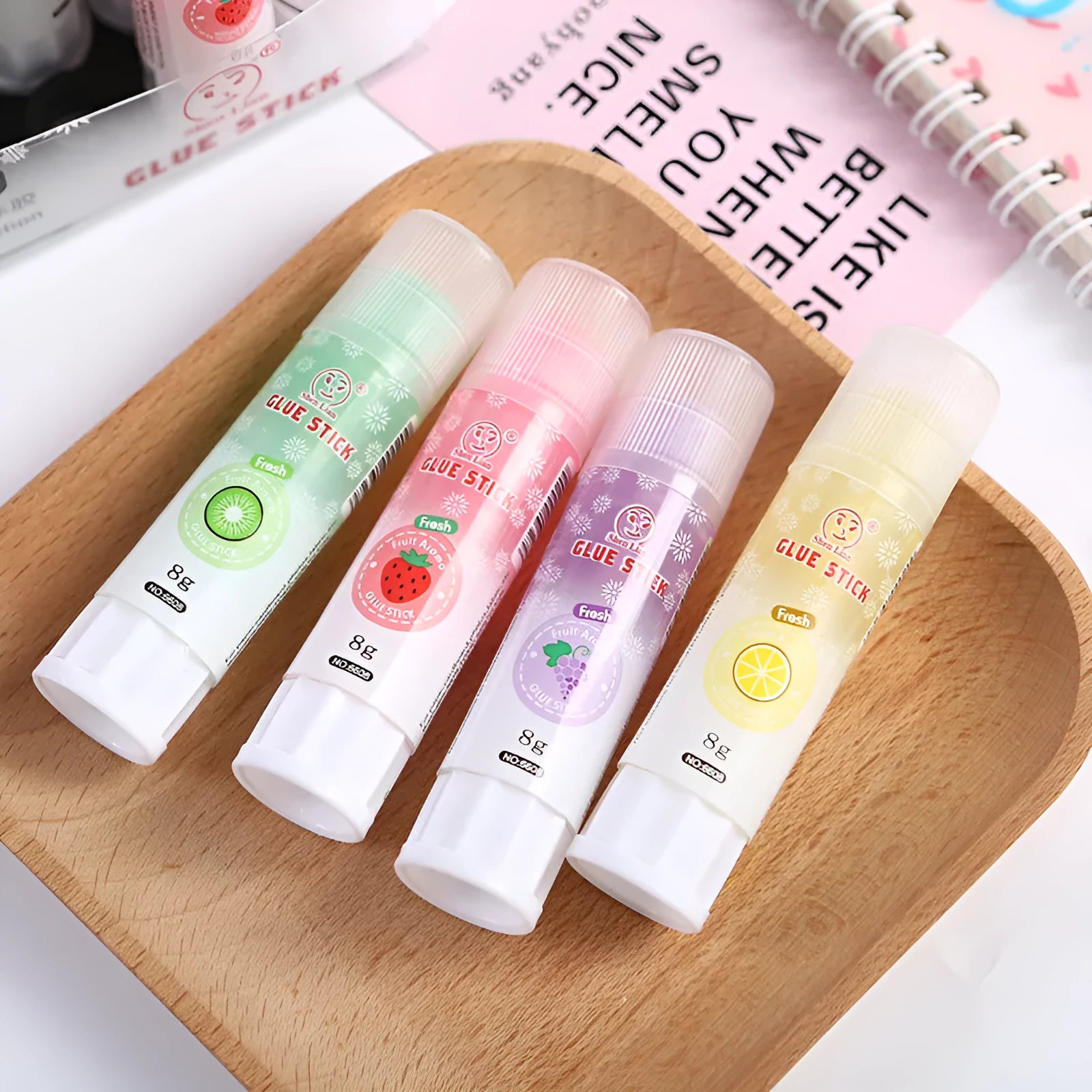 Jelly solid glue stick in fruit colours measuring 8.5cm with PVP adhesive for crafts