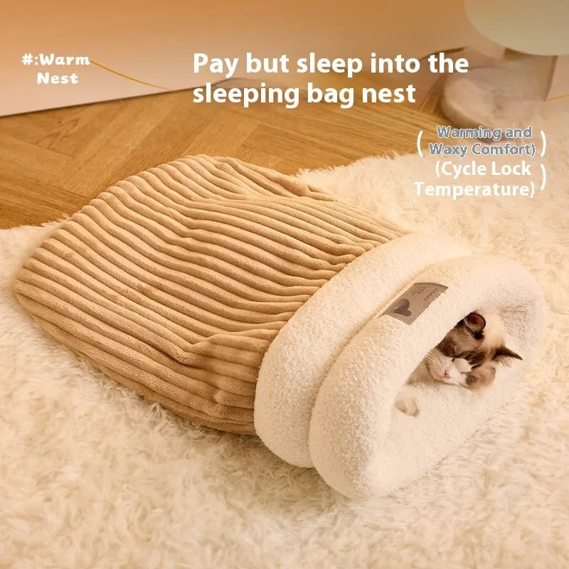 Brown semi-enclosed lambswool pet sleeping bag for cats on a wooden floor.