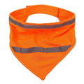 Yellow and orange reflective dog bandana with striped design and adhesive strap, shown on a dog's neck.