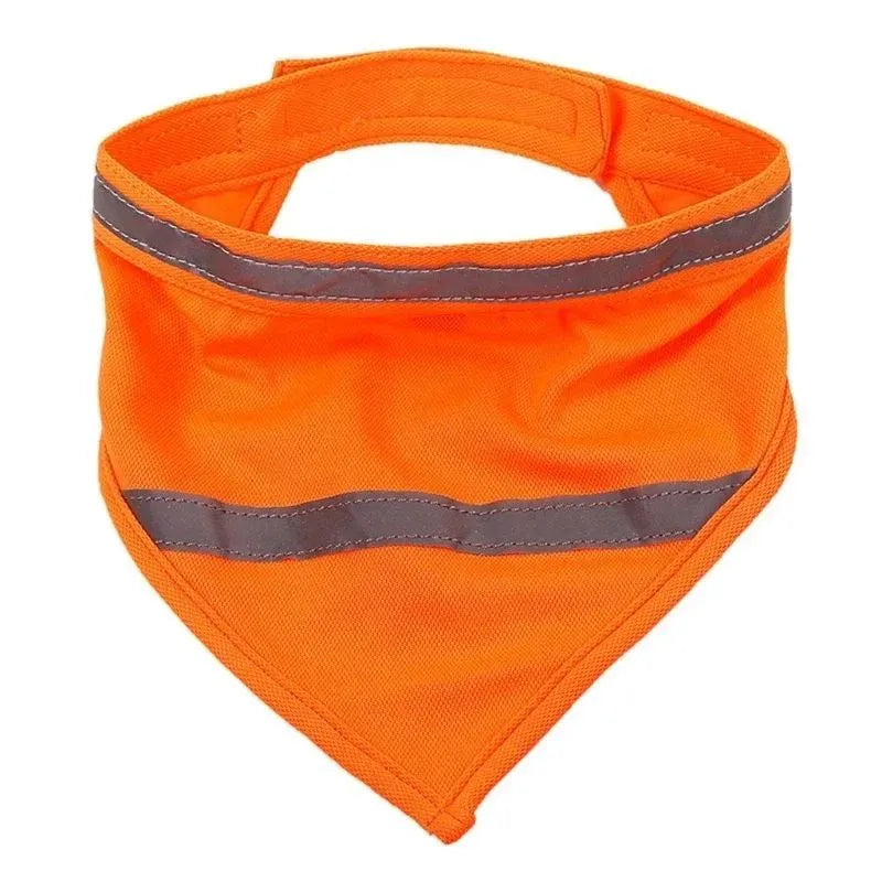 Yellow and orange reflective dog bandana with striped design and adhesive strap, shown on a dog's neck.