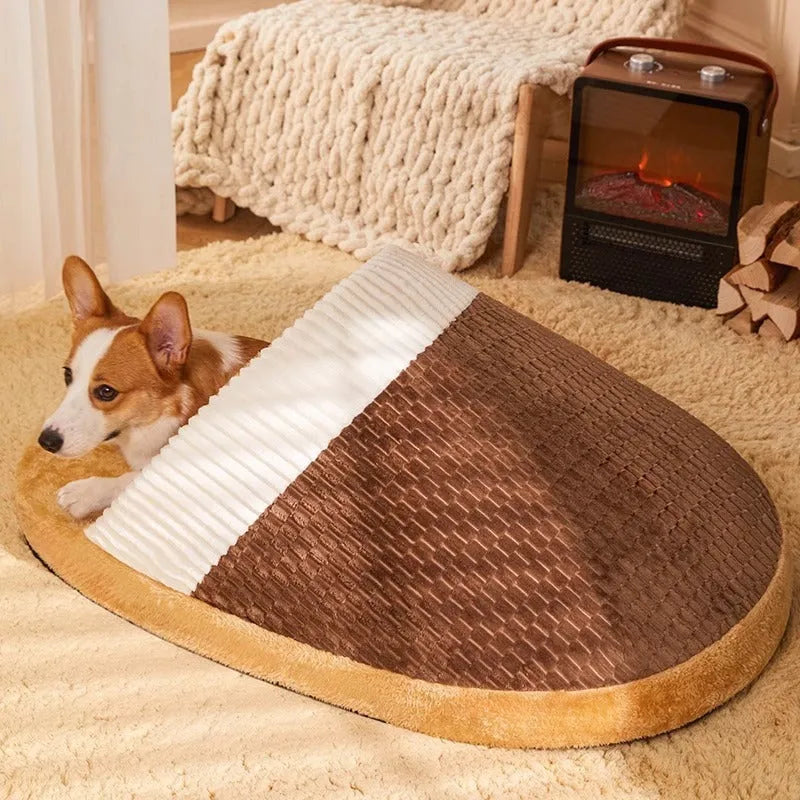 Blue dog nest sleeping bed with removable fleece lining shown in L size for medium dogs