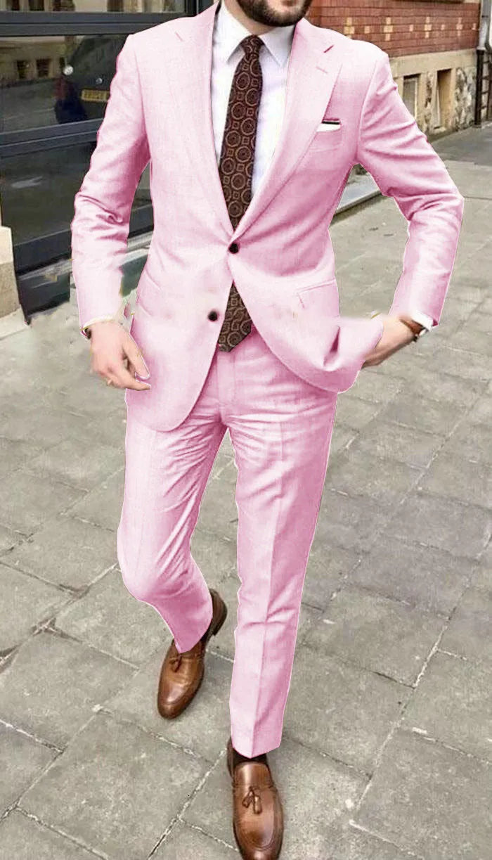 Men's slim fit two-button acetate business suit in light purple, showing jacket and trousers.