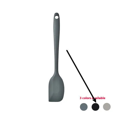 Black silicone kitchen utensil set with 12 tools in a rotating storage bucket on a kitchen countertop