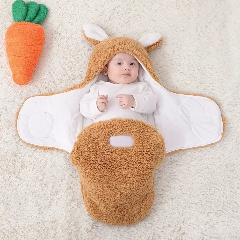 Baby wearing a blue adjustable cotton sleep sack with velcro swaddle closures and a head-protecting hood.