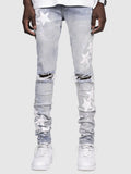 Men's slim stretch blue jeans with embroidery detail on denim fabric.