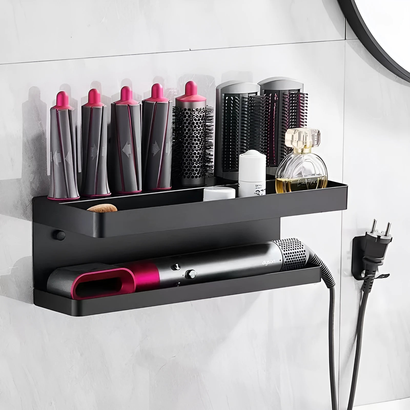 White punch-free double-layer aluminium bathroom storage rack for hair curlers on a countertop.