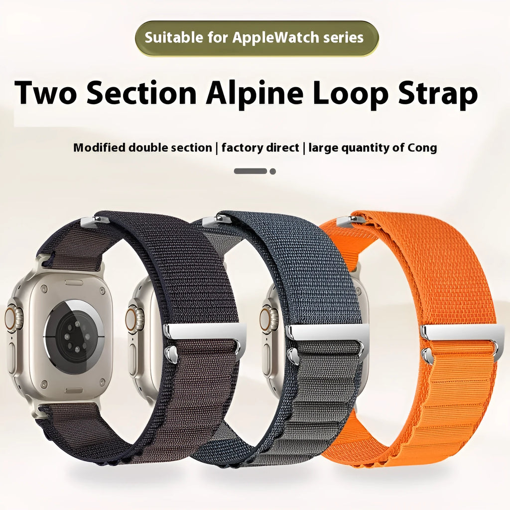Nylon loop watch strap for Apple Watch, two sections, black colour, 38-49mm size options