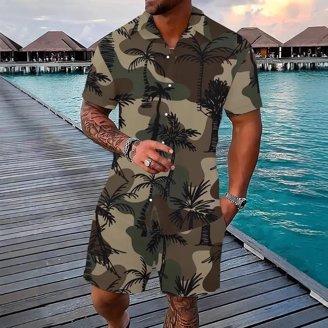Man wearing a 3D printed Hawaiian short sleeve shirt with matching casual shorts.