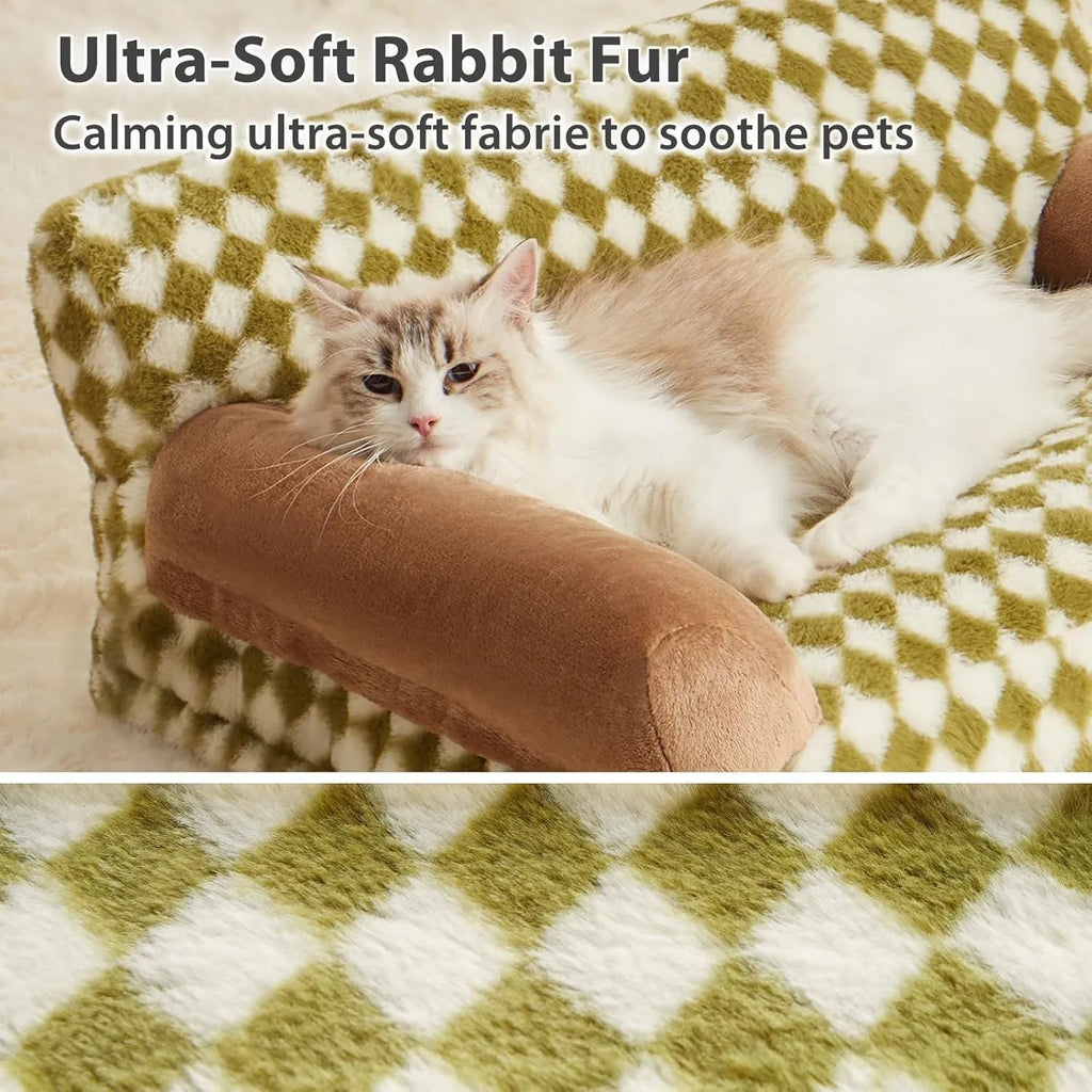 Checkered pattern pet sofa bed for cats and small dogs with a removable cover, shown in a home setting.