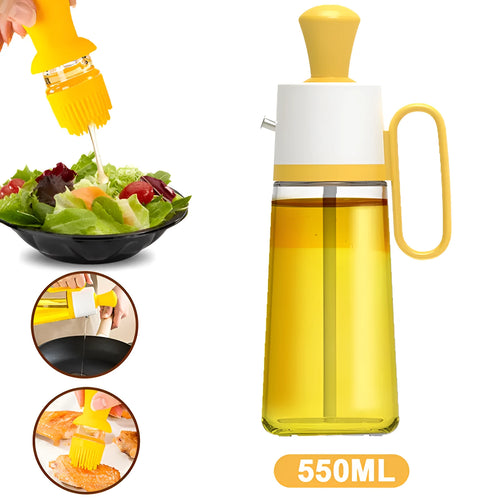 Yellow 2 in 1 oil dispenser with silicone brush next to glass bottle