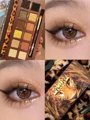 Explorer animal theme eyeshadow palette showing twelve colours across nine named plates.