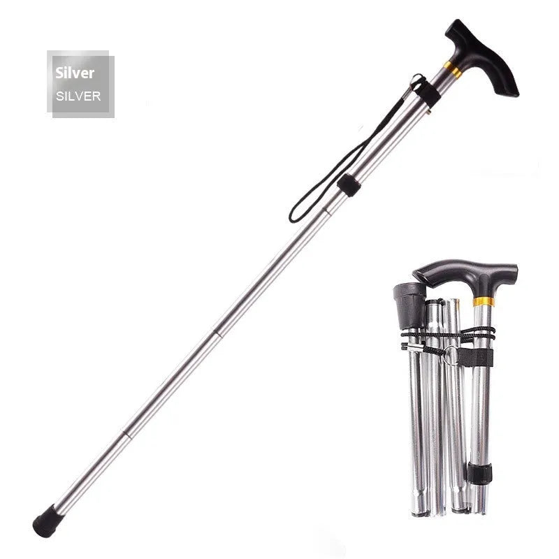 Aluminium alloy folding walking cane extended, showing adjustable sections and non-slip rubber foot.