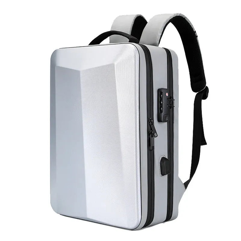 Waterproof ABS PC business backpack in black with curved shoulder straps and Oxford cloth exterior