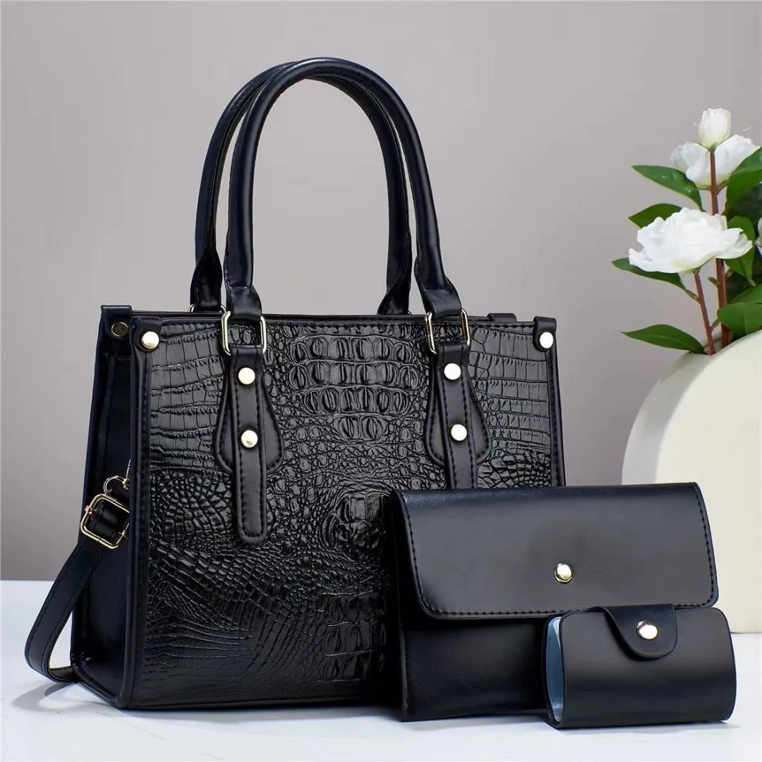 Contrast colour minimalist texture three-piece handbag set with crossbody bag, wallet and cardholder in PU leather