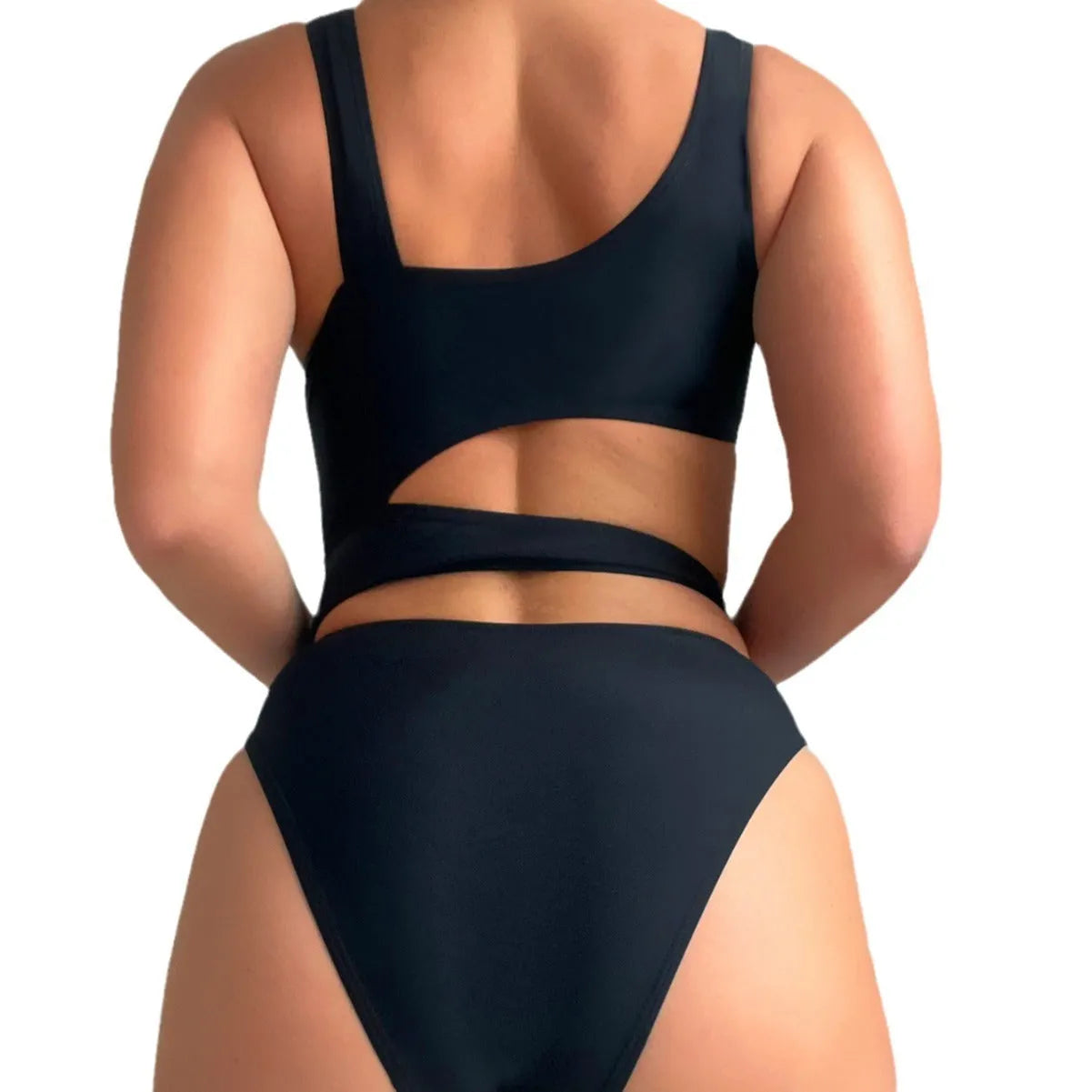 Black solid colour women's one-piece swimsuit with a high cut Siamese style and sleeveless design.