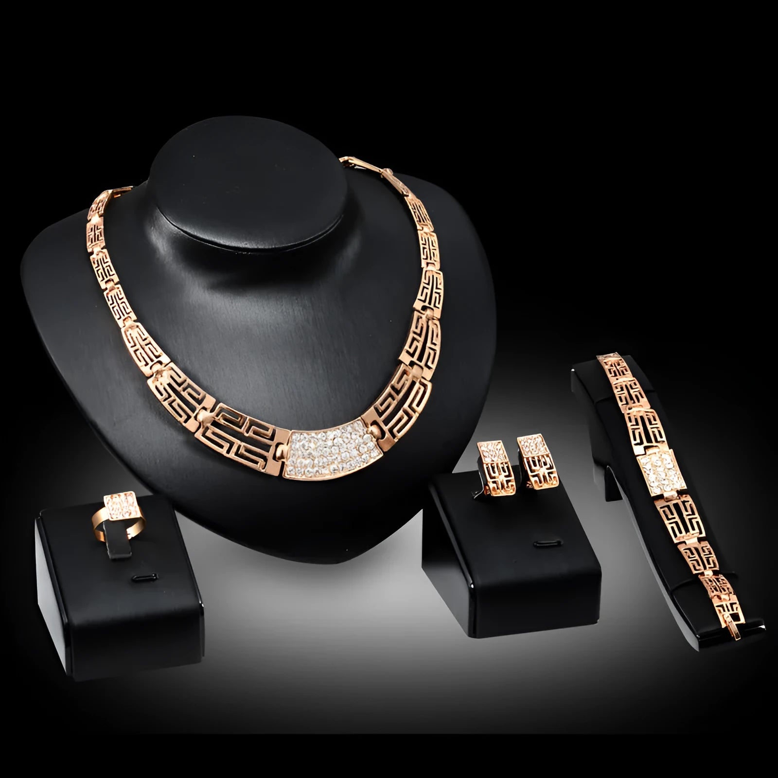 18K gold plated alloy women's jewelry set with star sun moon cloud universe motifs on diamond pattern surface