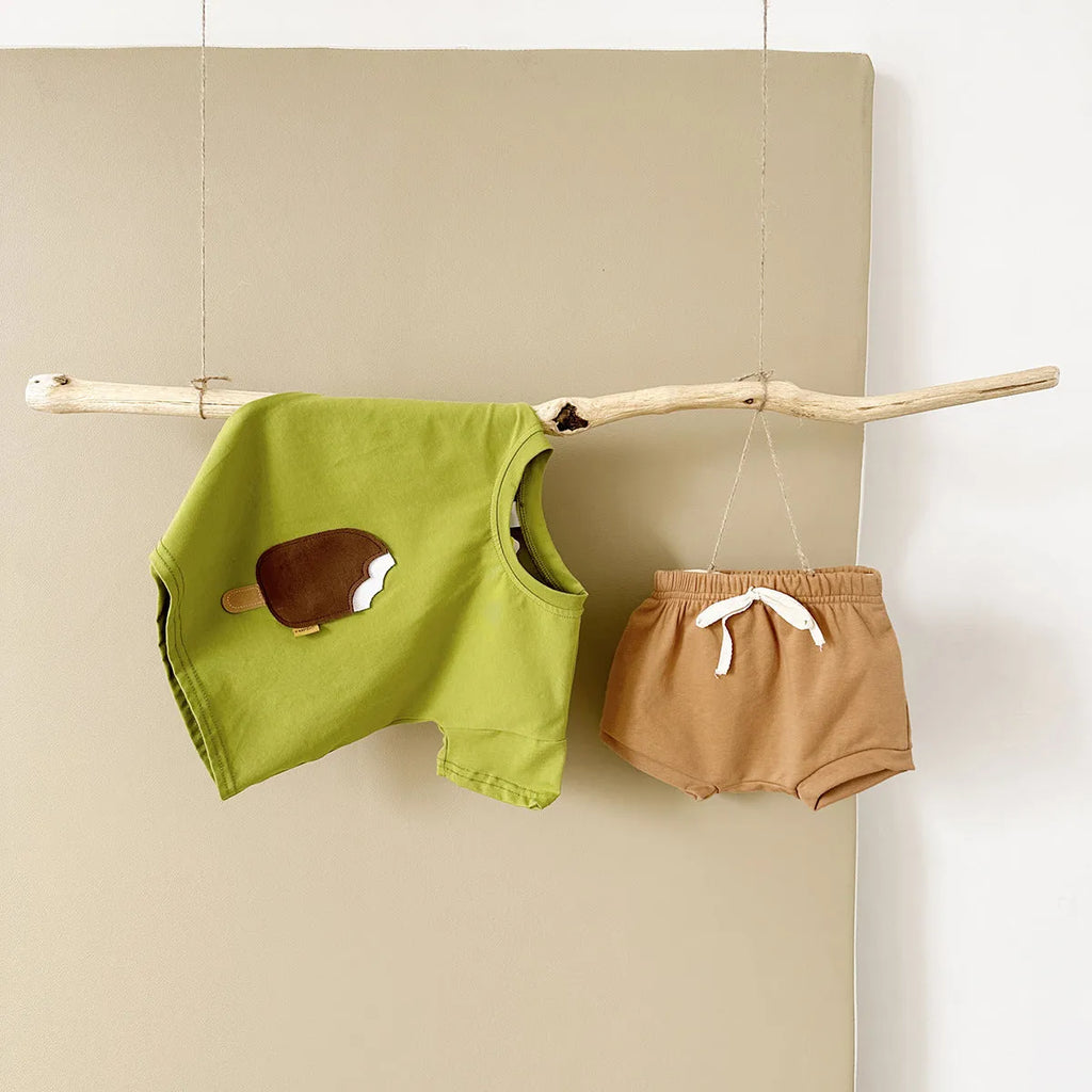 Girls' cotton shorts suit two-piece set with ice cream patch in olive, apricot or white colours