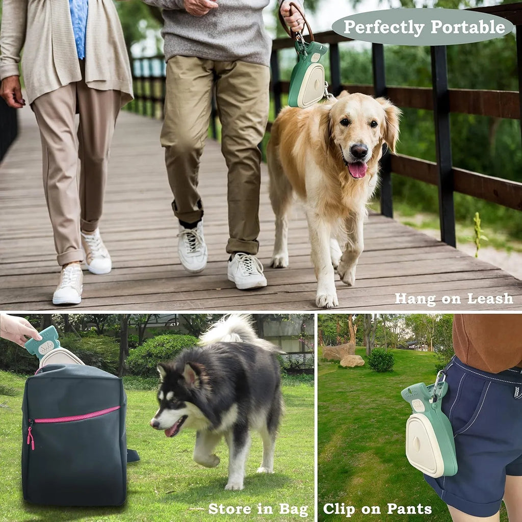 Blue portable dog pooper scooper with clip, shown unfolded with waste bag attached.
