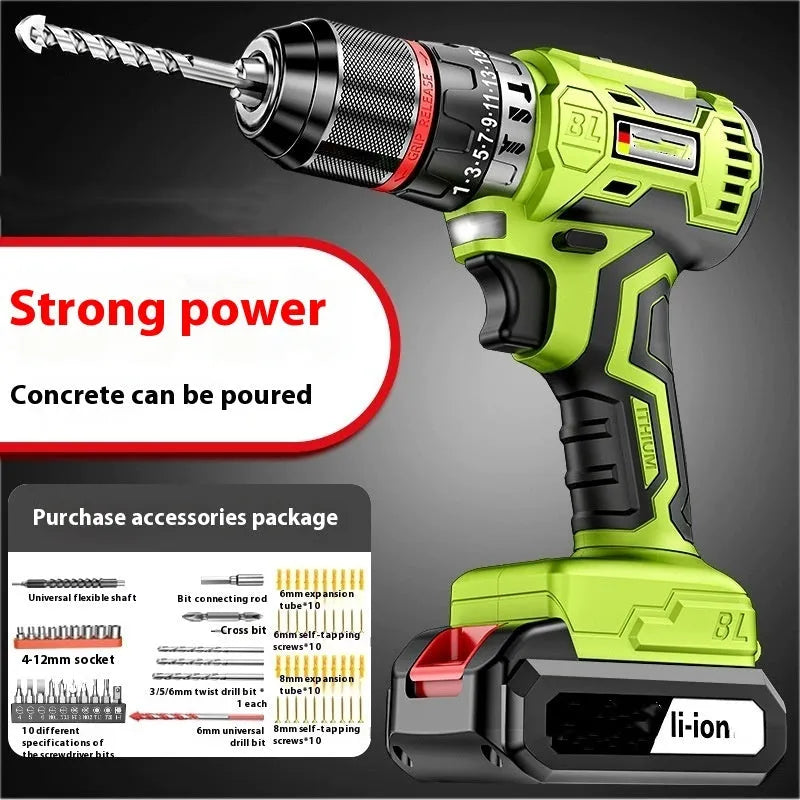 Brushless cordless impact drill 21V 300W with lithium batteries and 10mm chuck for wood steel concrete drilling