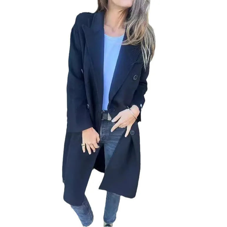 Women's mid-length double-breasted lapel jacket in solid colour polyester with long sleeves, loose fit version