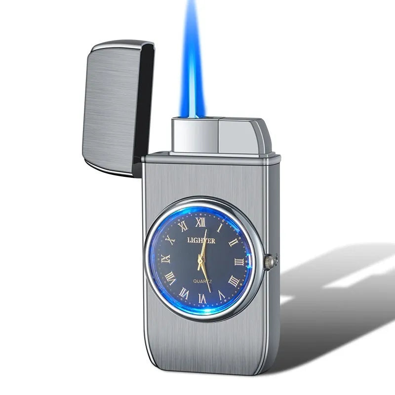 Electronic gas cigarette lighter with LED watch display in metallic finishes