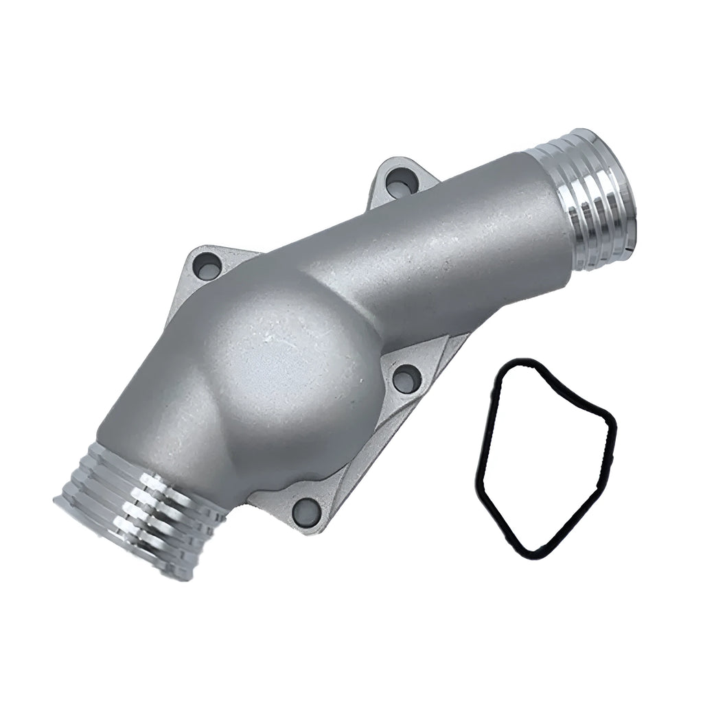 Silver aluminium thermostat housing cover with gasket for BMW engine cooling