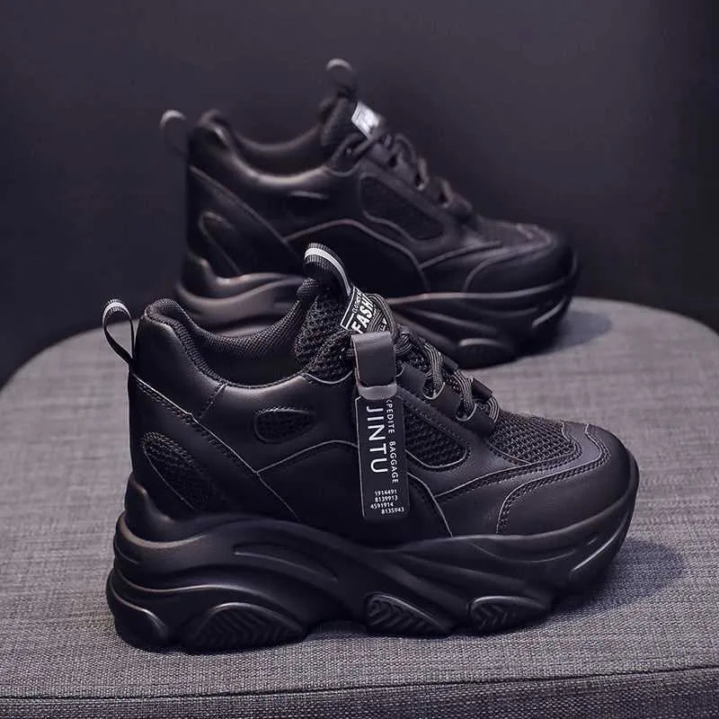 Women's black mesh platform casual shoes with hollow-out design and a velvet lining.