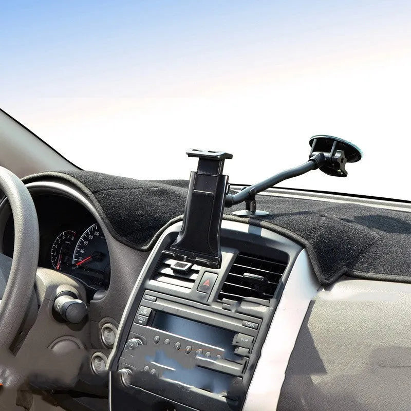 Black universal 4-12 inch vehicle-mounted tablet and mobile phone holder with long suction cup.