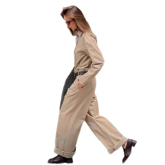 Khaki cargo overalls with drop-shoulder sleeves and mid-waist trouser cut front view