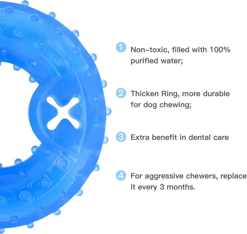 A freezable bone-shaped and circle-shaped dog chew toy designed for cooling and teething relief.