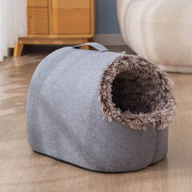 Grey fleece-lined closed cat sleeping bag nest measuring 50x40x34cm
