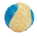 TPR plaid molar dog toy ball in blue, pink, green, and grey colours with textured surface