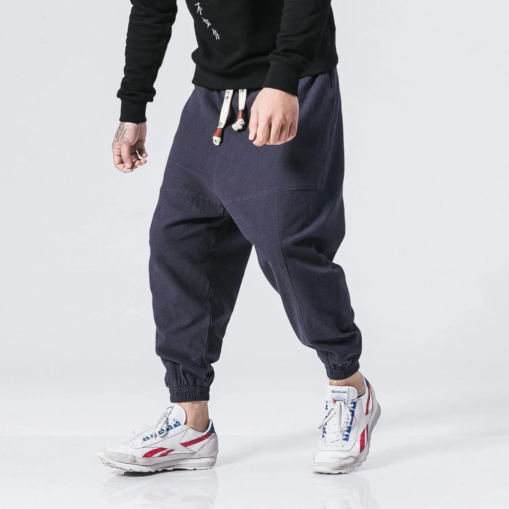 Men's linen blend loose overalls in black, navy blue, wine red – sizes M to 5XL – tether closure