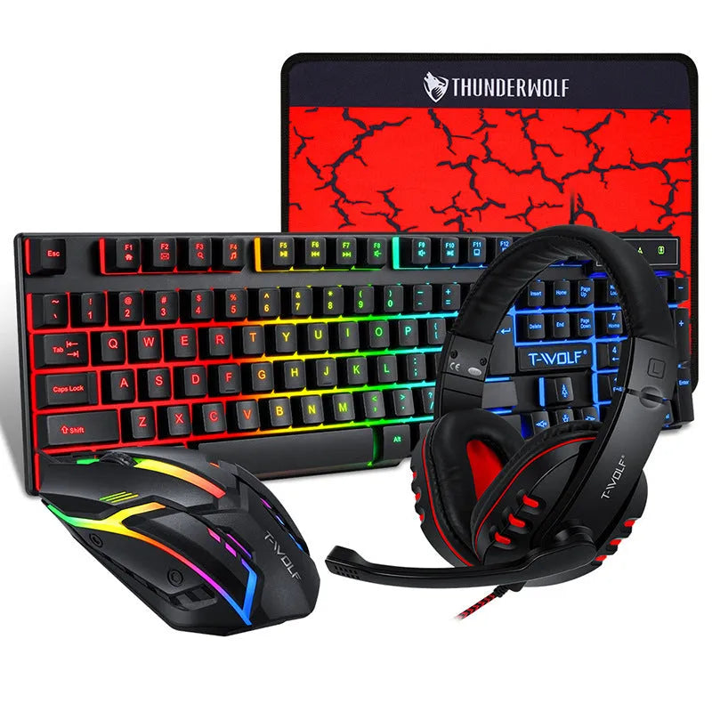Thunder Wolf gaming keyboard mouse headset set with luminous backlight and large mouse pad