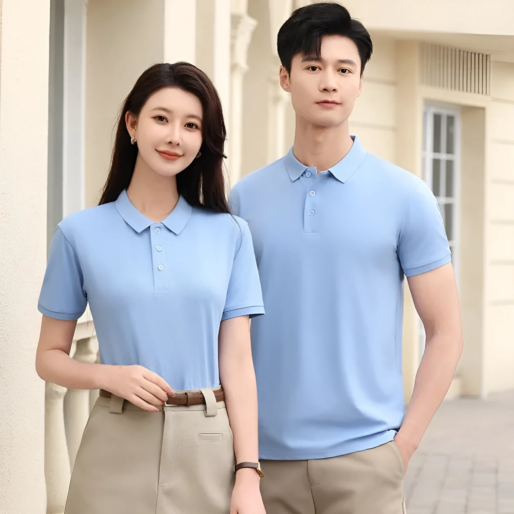 Lapel collar polo t-shirt in cotton blend fabric showing short sleeves and pullover style