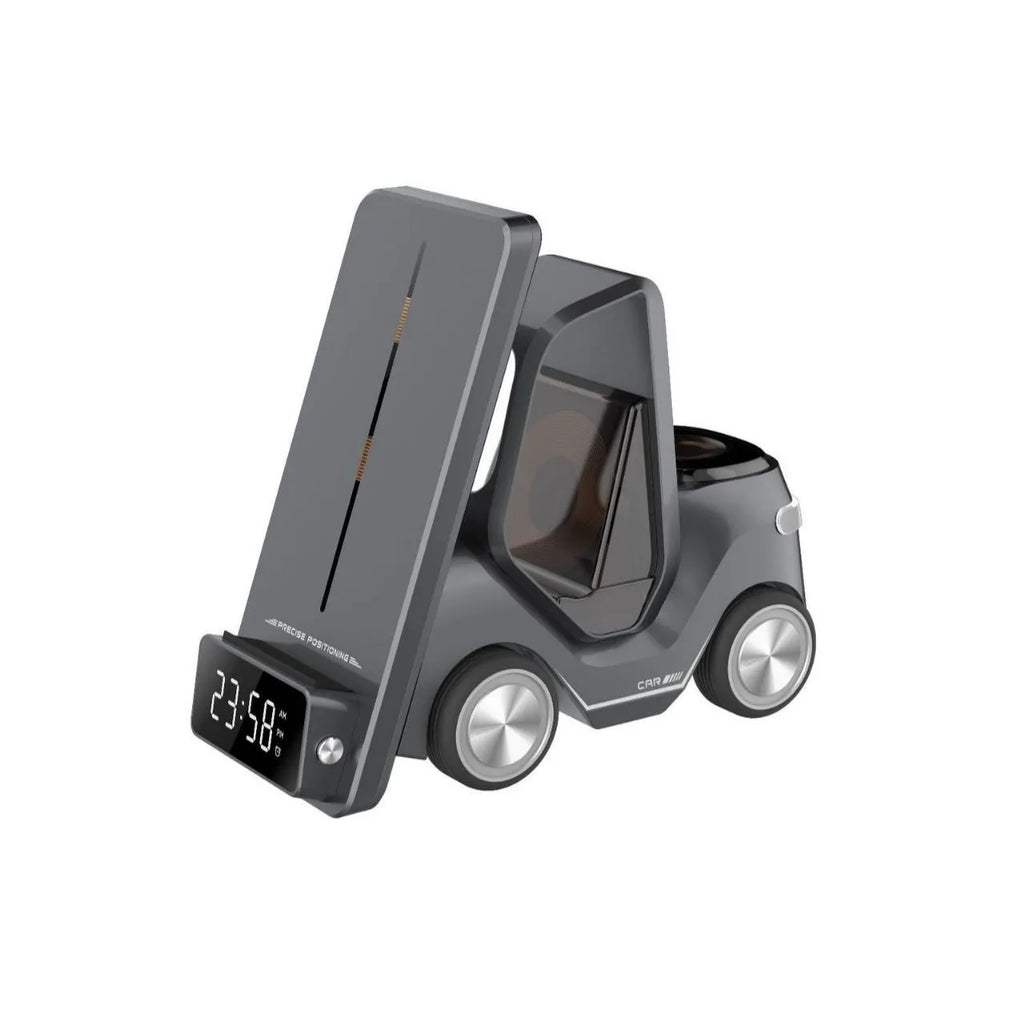 Grey wireless charging stand holding an iPhone at an angle, with space for AirPods.
