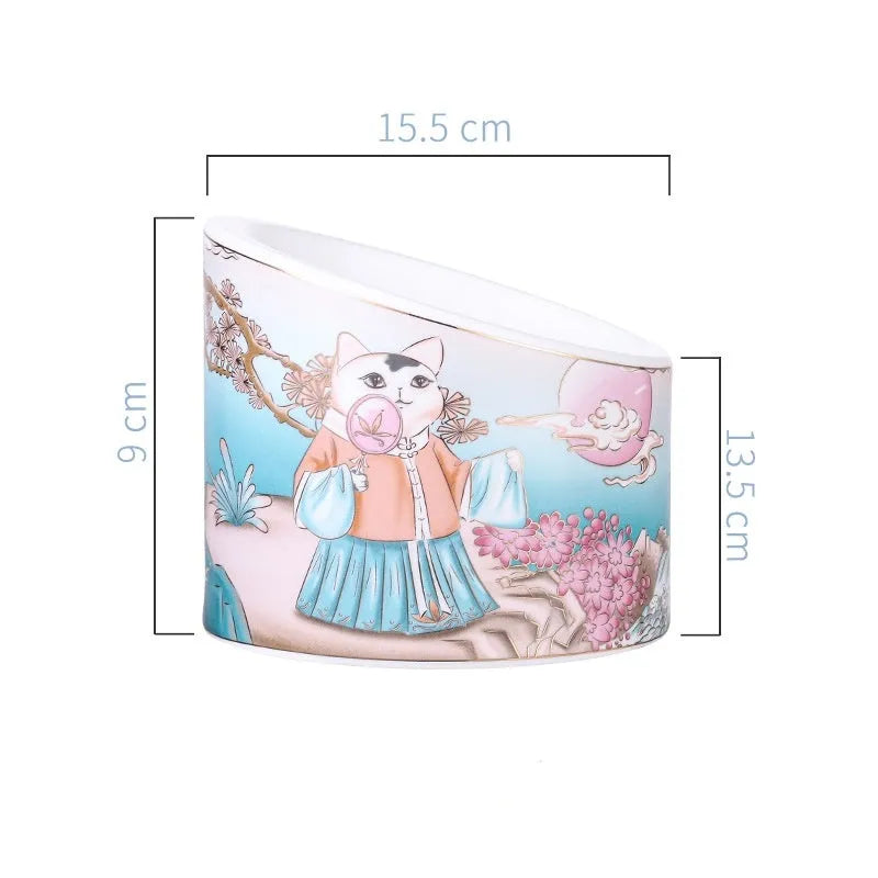 Ceramic high-leg cat bowl with double compartments and slanted mouth Chinese design