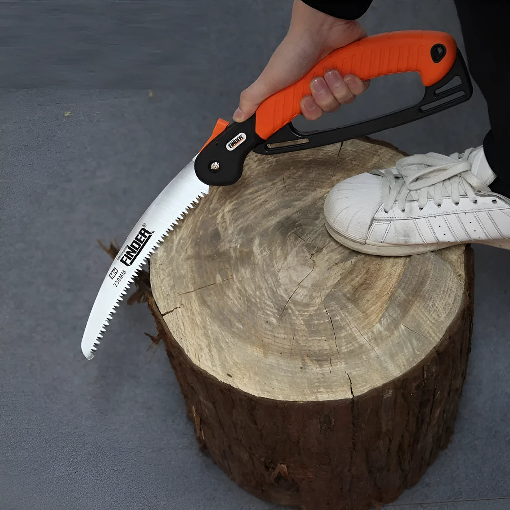 A folded and unfolded view of a 230mm folding garden saw with a TPR grip and steel blade.