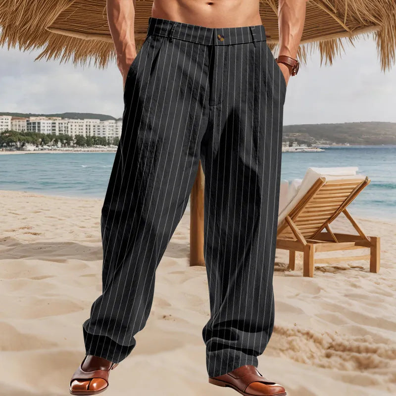 Linen striped high waist wide leg casual trousers shown in available colour options