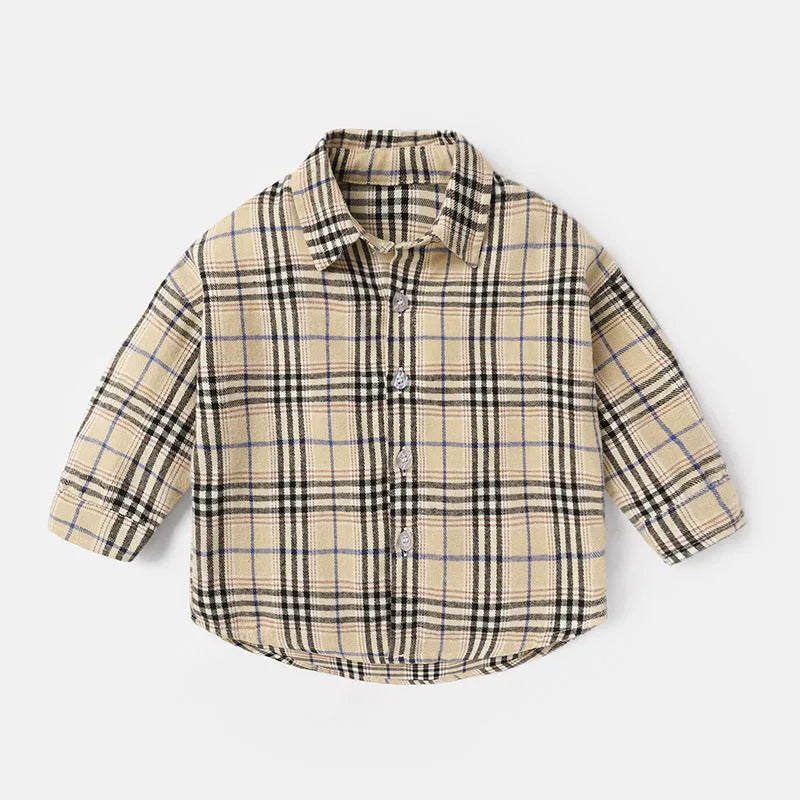 Boys' long sleeve cotton shirt with lattice and cartoon patterns in khaki, shown on a hanger