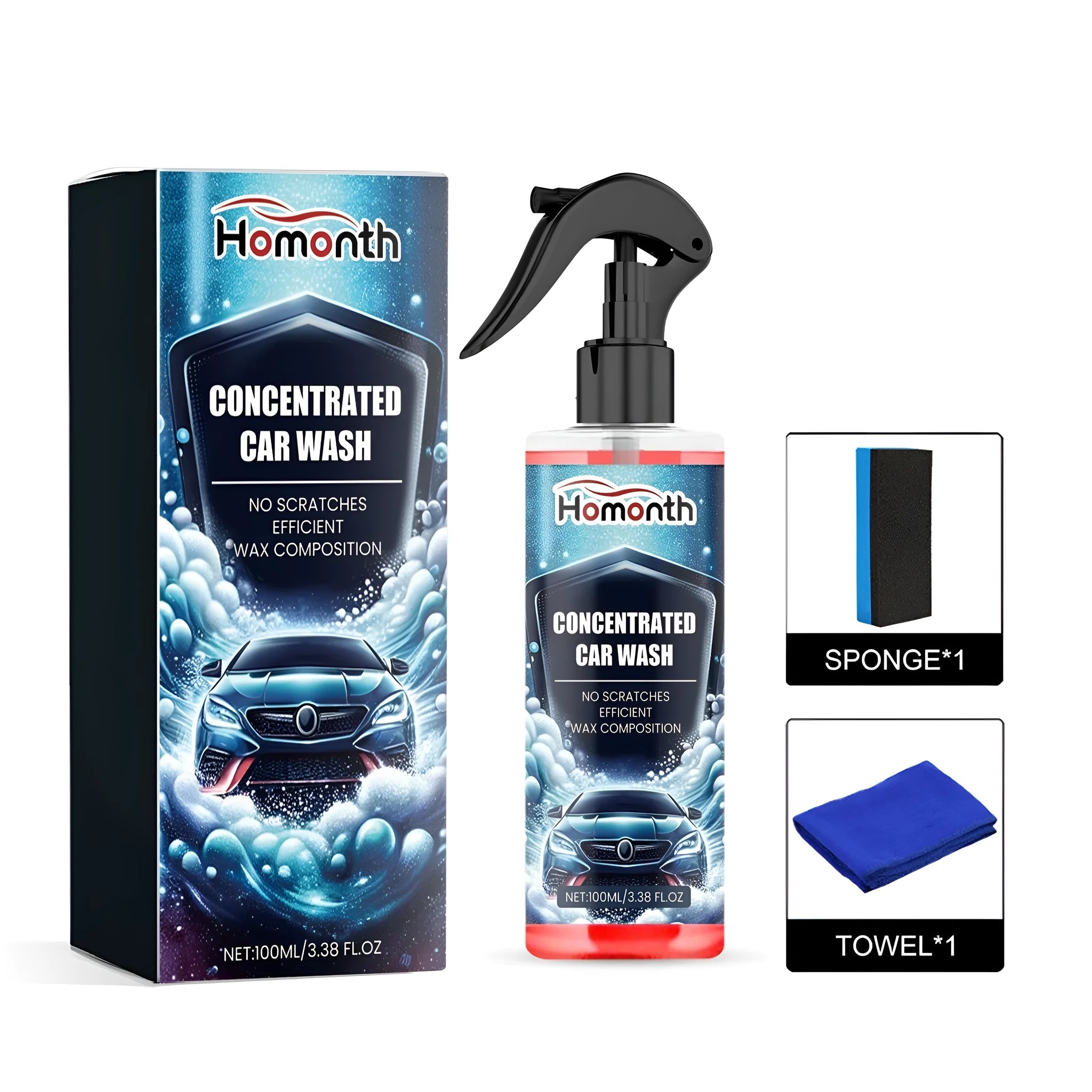 Car exterior cleaning kit with 100 ml bottle, sponge applicator, and square microfibre cloth