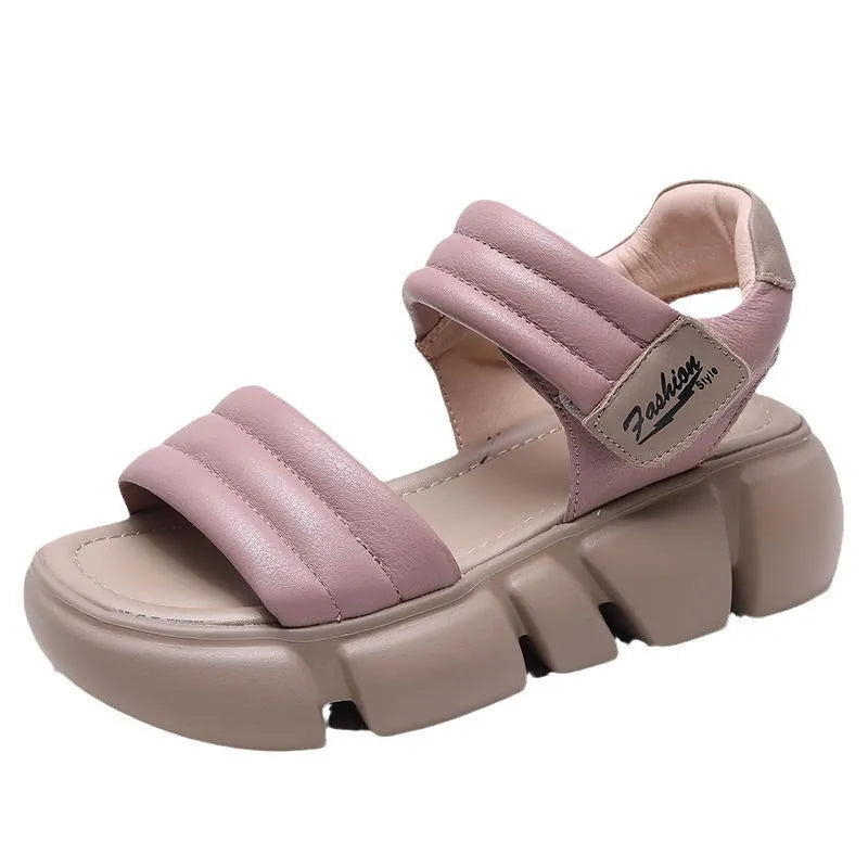 Open toe round head platform wedge sandals with velcro strap, microfiber upper, non-slip rubber sole, available in beige