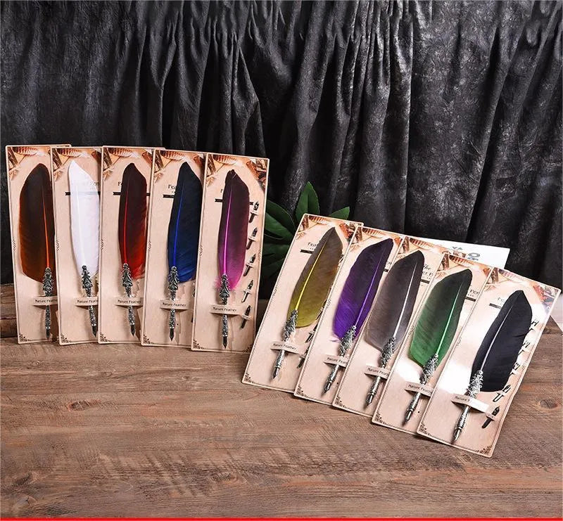 Vintage feather pen with zinc alloy shell in multiple colour options