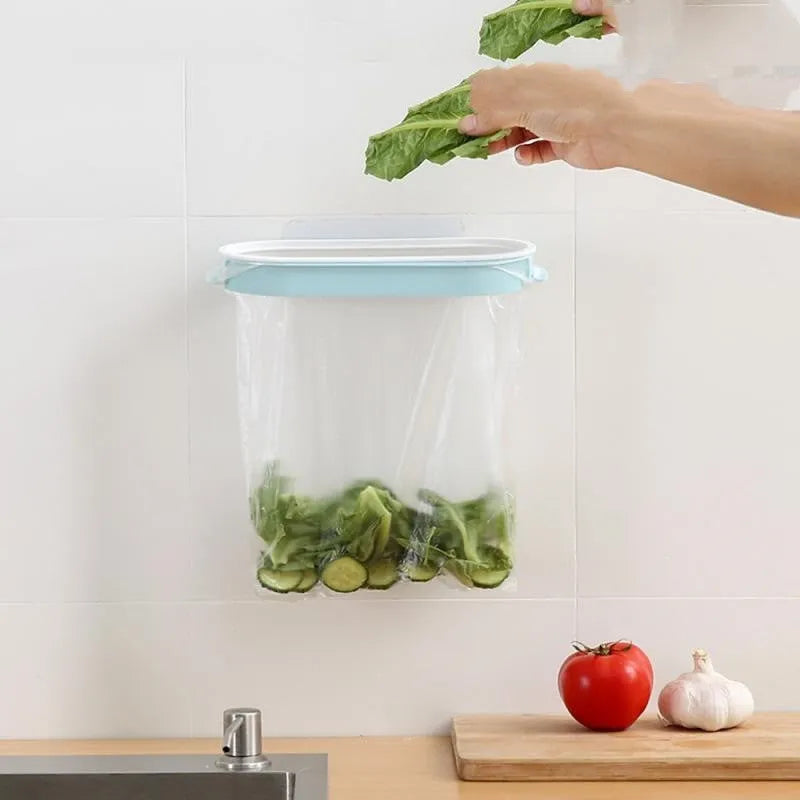 Blue plastic wall-mounted kitchen bin bag storage rack