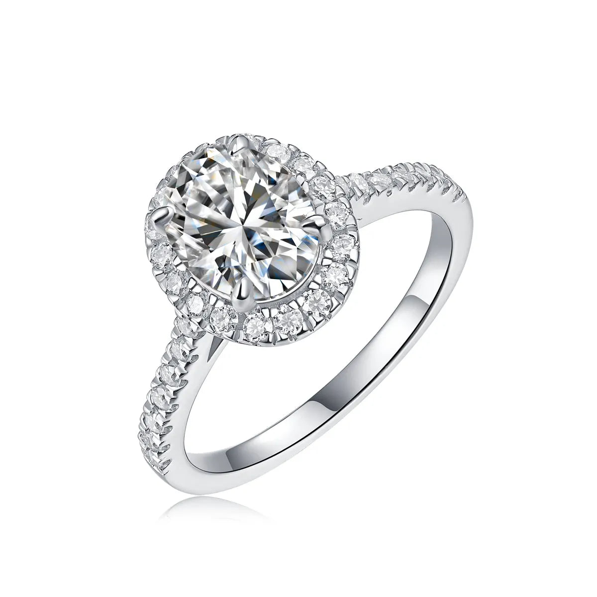 Audrey moissanite wedding ring set with egg-shaped 7x9mm stone in S925 silver platinum plating on white background