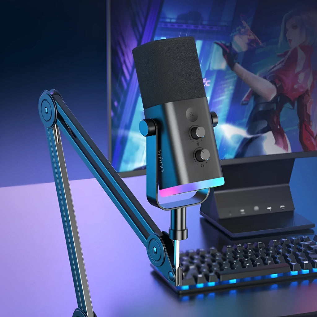 Black dynamic USB and XLR microphone with a weighted desk stand on a wooden surface.