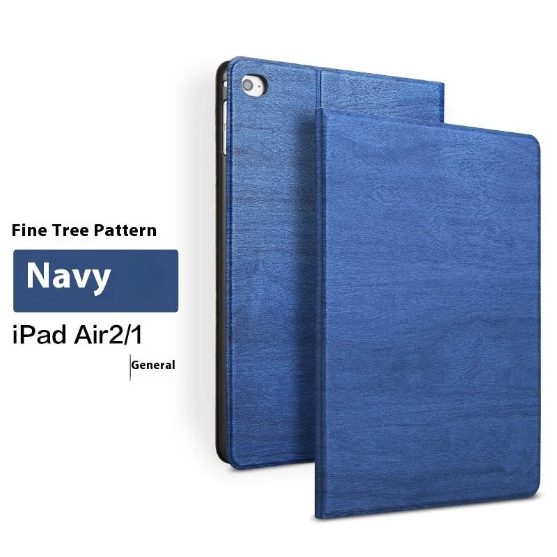 Sapphire blue imitation leather iPad cover with a built-in anti-fall bracket standing upright.
