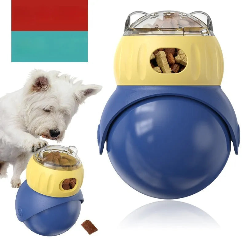 Morandi yellow and blue owl-shaped plastic slow feeder cat toy with kibble openings