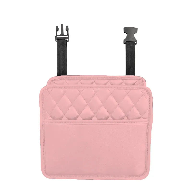 Leather car hanging storage bag in black, pink, green, or white, shown attached to a car seat.