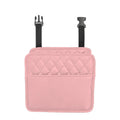 Leather car hanging storage bag in black, pink, green, or white, shown attached to a car seat.